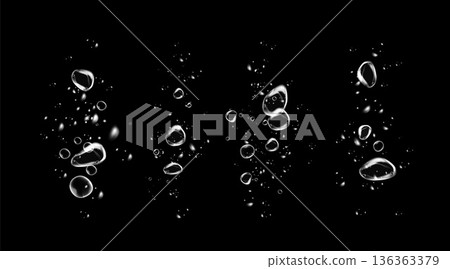Realistic oxygen bubbles in water on a black background with fizzy sparkles and effervescent style. Transparent drops and soap bubbles create a vector texture for sea, aquarium, or fresh design 136363379