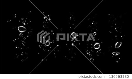 Realistic oxygen bubbles in water on a black background with fizzy sparkles and effervescent style. Transparent drops and soap bubbles create a vector texture for sea, aquarium, or fresh design Realistic oxygen bubbles in water on a black background with fizzy sparkles and effervescent style. Transparent drops and soap bubbles create a vector texture for sea, aquarium, or fresh design 136363380