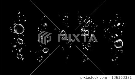 Realistic oxygen bubbles in water on a black background with fizzy sparkles and effervescent style. Transparent drops and soap bubbles create a vector texture for sea, aquarium, or fresh design Realistic oxygen bubbles in water on a black background with fizzy sparkles and effervescent style. Transparent drops and soap bubbles create a vector texture for sea, aquarium, or fresh design 136363381