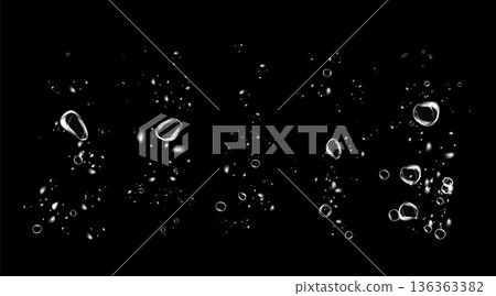 Realistic oxygen bubbles in water on a black background with fizzy sparkles and effervescent style. Transparent drops and soap bubbles create a vector texture for sea, aquarium, or fresh design 136363382