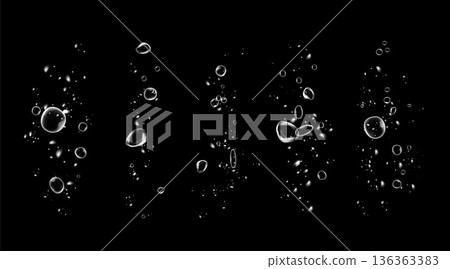 Realistic oxygen bubbles in water on a black background with fizzy sparkles and effervescent style. Transparent drops and soap bubbles create a vector texture for sea, aquarium, or fresh design Realistic oxygen bubbles in water on a black background with fizzy sparkles and effervescent style. Transparent drops and soap bubbles create a vector texture for sea, aquarium, or fresh design 136363383