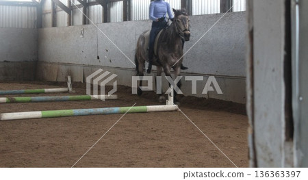 A girl riding a brown horse. Horse training 136363397