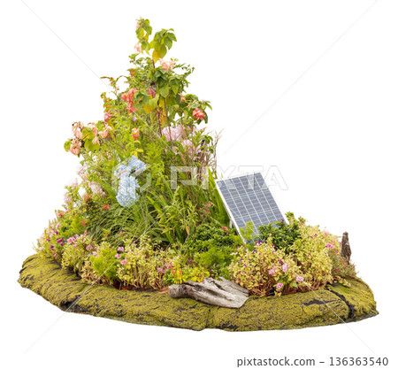 A garden featuring a solar panel at the center surrounded by a variety of plants and flowers showing different colors and textures. This scene shows nature's elements working together A garden featuring a solar panel at the center surrounded by a variety of plants and flowers showing different colors and textures. This scene shows nature's elements working together 136363540