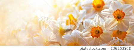 White daffodil blooms against a blurred yellow background, St. David's Day, Easter or wedding, copy space, free space for text 136363568