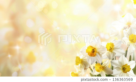 A gentle composition of white daffodils on a soft yellow blurred background for St. David's Day. Welsh holiday design, Easter or Mother's Day, copy space, free space for text A gentle composition of white daffodils on a soft yellow blurred background for St. David's Day. Welsh holiday design, Easter or Mother's Day, copy space, free space for text 136363569
