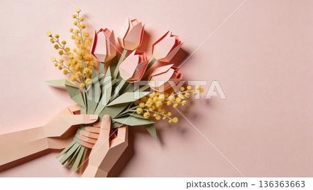 Paper craft hands pass a bouquet of pink tulips and yellow mimosa on a soft pastel background 136363663