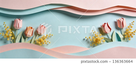 Layered pastel papercraft banner with tulip flowers and mimosa sprigs arranged along soft pink and blue waves 136363664