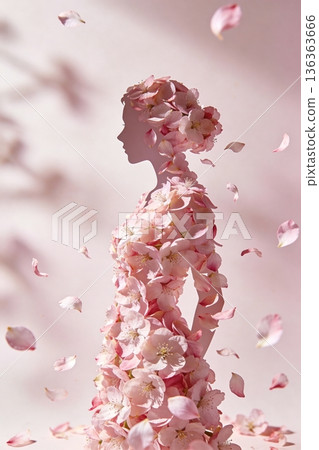 Elegant female profile shaped from pink cherry blossoms, petals floating across a soft pastel background Elegant female profile shaped from pink cherry blossoms, petals floating across a soft pastel background 136363666