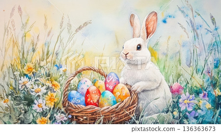Banner of a white rabbit near a basket with colored eggs in a field with daisies for Easter Banner 136363673