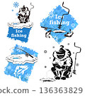 Set of designs for winter fishing. Winter fishing rod, ice drill, ice floe, warmly dressed fisherman 136363829