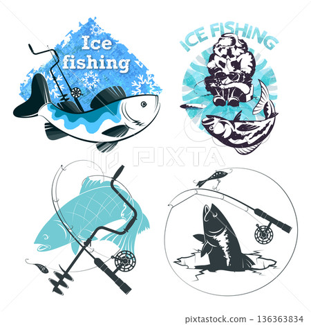 A set of unique designs for winter fishing. Winter fishing rod, ice drill, ice floe, warmly dressed A set of unique designs for winter fishing. Winter fishing rod, ice drill, ice floe, warmly dressed 136363834
