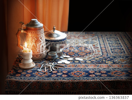Still life with candle, keys and coins Still life with candle, keys and coins 136363837