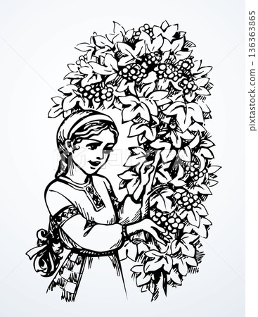 Vector drawing. Girl with viburnum 136363865
