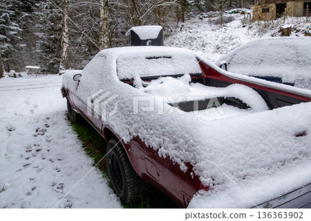 Classic vintage car covered with snow. Classic vintage car covered with snow. 136363902