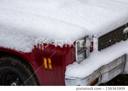 Classic vintage car covered with snow. Classic vintage car covered with snow. 136363909