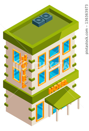 Hotel icon. Isometric building. City street architecture 136363973