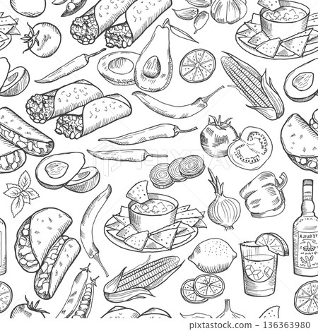 Food sketch pattern. Cooking ingredient seamless background Food sketch pattern. Cooking ingredient seamless background 136363980