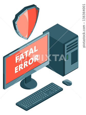 Fatal error on red computer display isometric icon Fatal error on red computer display isometric icon 136364001