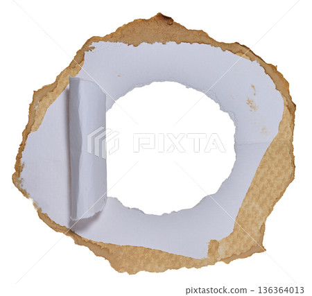 Round torn frame with curled edge made of craft paper on isolated background 136364013
