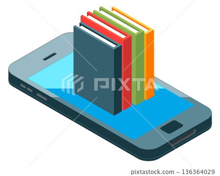 Books in phone screen. Digital library isometric icon 136364029