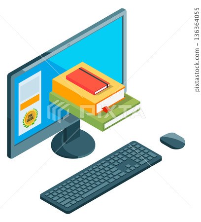 Electronic library on computer screen. Online education icon Electronic library on computer screen. Online education icon 136364055
