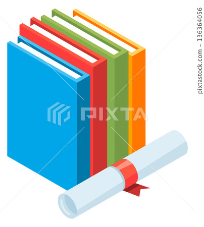 Education isometric icon. Color books stack and diploma Education isometric icon. Color books stack and diploma 136364056