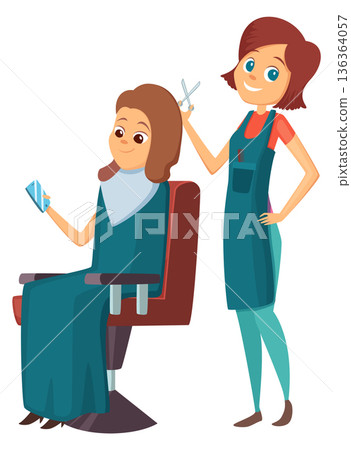 Hairdressing salon work. Cartoon woman make haircut Hairdressing salon work. Cartoon woman make haircut 136364057