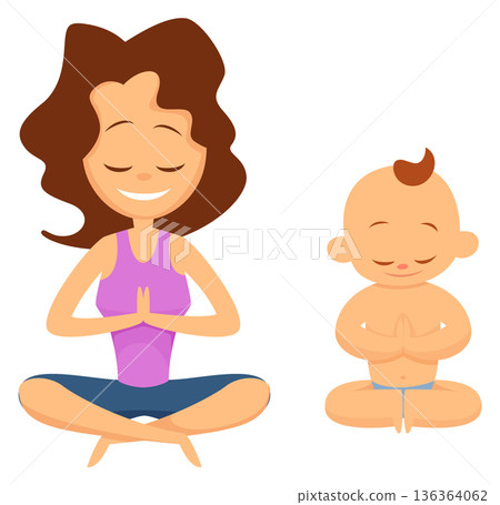 Baby and mother meditating together. Characters in yoga lotus pose 136364062