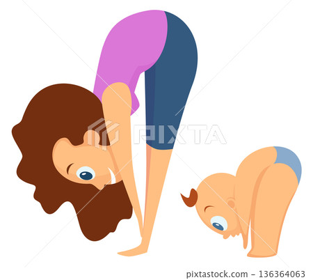 Mother and kid stretching together. Baby yoga exercise Mother and kid stretching together. Baby yoga exercise 136364063
