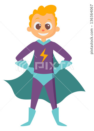 Young hero boy in cape. Superhero kid costume Young hero boy in cape. Superhero kid costume 136364067
