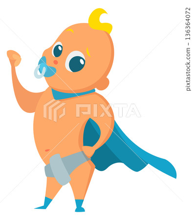 Superhero baby cartoon character. Kid in blue cape Superhero baby cartoon character. Kid in blue cape 136364072