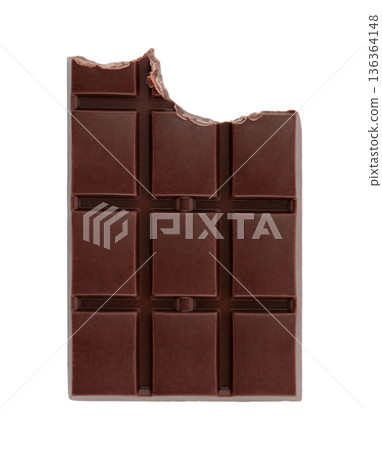 Bitten chocolate bar with visible bite mark and segmented pieces. Concept of temptation, taste, and sweet indulgence. Isolated on transparent background Bitten chocolate bar with visible bite mark and segmented pieces. Concept of temptation, taste, and sweet indulgence. Isolated on transparent background 136364148