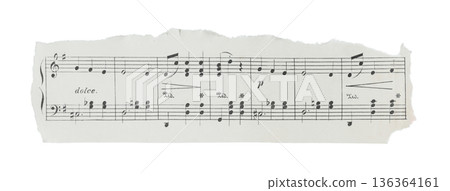 Torn fragment of musical sheet with notes isolated on transparent background. Vintage music paper detail suitable for design, collage, education, and creative layouts Torn fragment of musical sheet with notes isolated on transparent background. Vintage music paper detail suitable for design, collage, education, and creative layouts 136364161