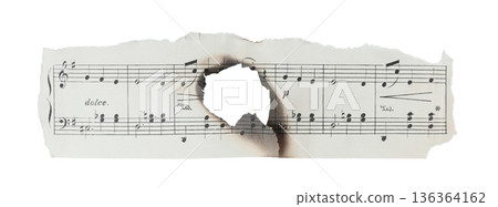 Torn horizontal fragment of music sheet with a burned hole in the center and visible staff lines and notes. Concept of loss, damage, or broken composition. Isolated on transparent background 136364162