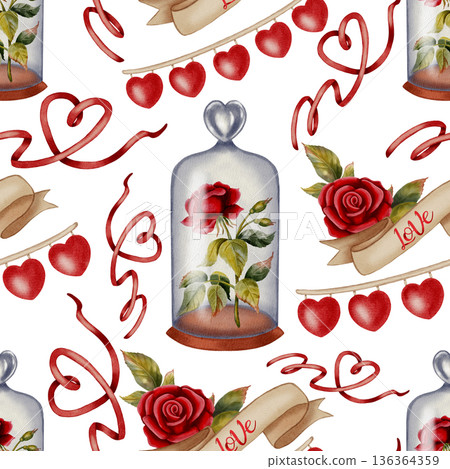 Beautiful watercolor seamless pattern combining red roses and romantic heart shapes. Ideal for Valentine's Day, romantic cards, packaging, wrapping paper, party decor, cafes, shops and festive menu 136364359