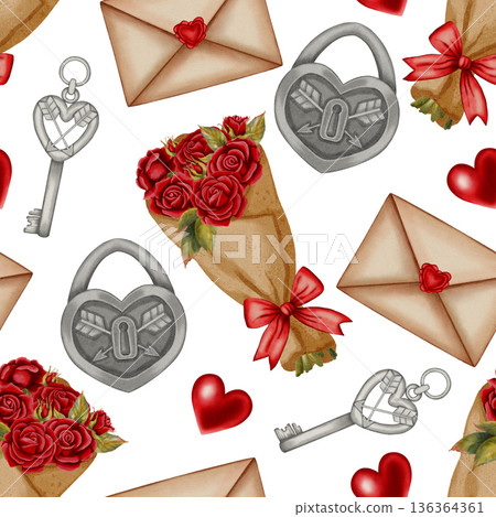 Watercolor seamless pattern with rose bouquets, love letters, and heart-shaped locks. Ideal for Valentine's Day, romantic cards, packaging, wrapping paper, party decor, cafes, shops and festive menu Watercolor seamless pattern with rose bouquets, love letters, and heart-shaped locks. Ideal for Valentine's Day, romantic cards, packaging, wrapping paper, party decor, cafes, shops and festive menu 136364361