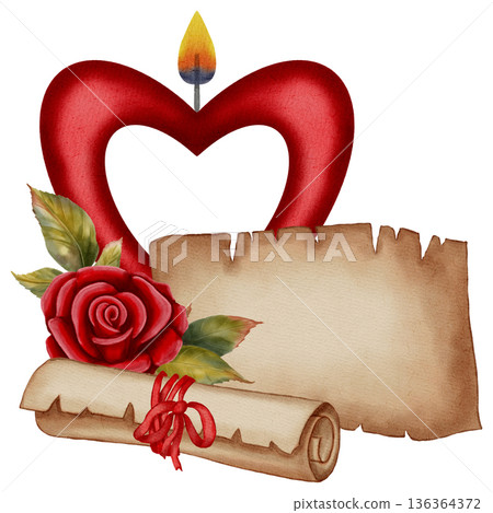 Romantic watercolor illustrations with hearts, candles, and roses, letter, parchment, scroll. Ideal for Valentine's Day cards, romantic stationery, and festive holiday branding, packaging, textiles. Romantic watercolor illustrations with hearts, candles, and roses, letter, parchment, scroll. Ideal for Valentine's Day cards, romantic stationery, and festive holiday branding, packaging, textiles. 136364372