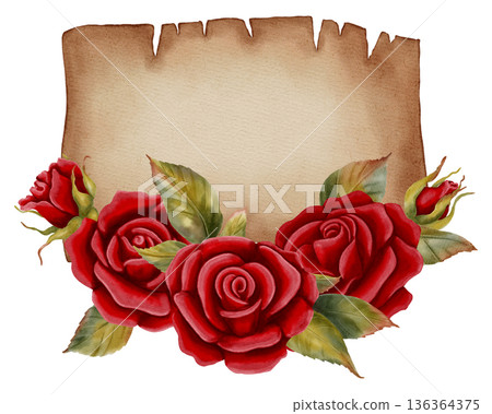 A watercolor illustration of a vintage parchment scroll with red roses. Perfect for Valentine's Day cards, romantic prints, holiday branding, packaging, and textiles. Space for text. A watercolor illustration of a vintage parchment scroll with red roses. Perfect for Valentine's Day cards, romantic prints, holiday branding, packaging, and textiles. Space for text. 136364375
