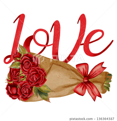 A hand-drawn watercolor illustration featuring a bouquet of roses, hearts, letters, and parchment. Perfect for romantic Valentine's Day designs, wedding invitations, packaging, and textiles. A hand-drawn watercolor illustration featuring a bouquet of roses, hearts, letters, and parchment. Perfect for romantic Valentine's Day designs, wedding invitations, packaging, and textiles. 136364387