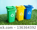 Colorful recycling bin on grass over blue background. Three waste separation containers promoting eco friendly living and environmental awareness. Waste management, clean environment concept. 136364392