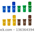 Set of color coded trash containers for waste separation isolated on white. Waste sorting containers for recycling, sustainability, and responsible waste management design. 136364394