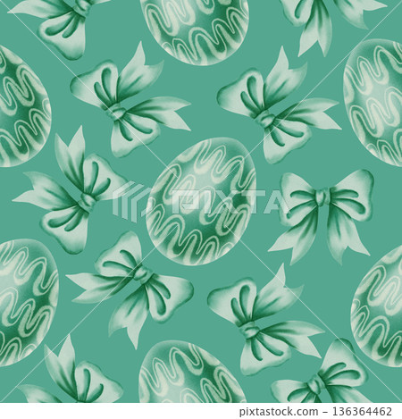 Watercolor seamless pattern with teal Easter eggs green wavy designs and matching bows. Festive spring background for holiday packaging, textiles, decor, greeting cards, invitations Watercolor seamless pattern with teal Easter eggs green wavy designs and matching bows. Festive spring background for holiday packaging, textiles, decor, greeting cards, invitations 136364462