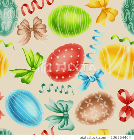 A seamless watercolor pattern with colorful Easter eggs, festive ribbons, and bows. A festive backdrop for spring celebrations, gift wrapping, and textiles. A seamless watercolor pattern with colorful Easter eggs, festive ribbons, and bows. A festive backdrop for spring celebrations, gift wrapping, and textiles. 136364464