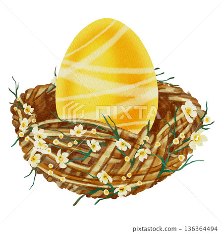 Cozy watercolor illustration of Easter eggs tucked into a rustic bird's nest. Perfect for spring holidays, greeting cards, seasonal decor, packaging, and textiles. 136364494