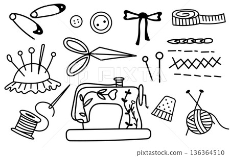 Sewing Doodle Illustration with Scissors, Thread, Button and Craft Tools Sewing Doodle Illustration with Scissors, Thread, Button and Craft Tools 136364510