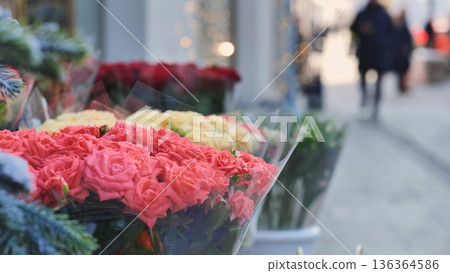 Colorful roses and bouquets decorating a flower shop in Moscow Colorful roses and bouquets decorating a flower shop in Moscow 136364586