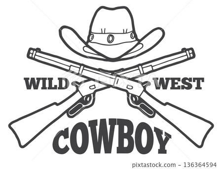 Wild west logo. Crossed guns and cowboy hat 136364594