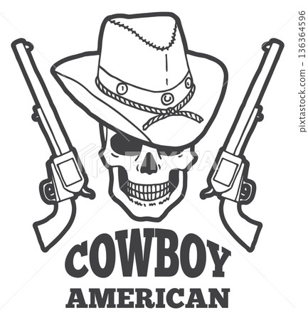 American cowboy tattoo with skull in hat and loaded revolvers American cowboy tattoo with skull in hat and loaded revolvers 136364596