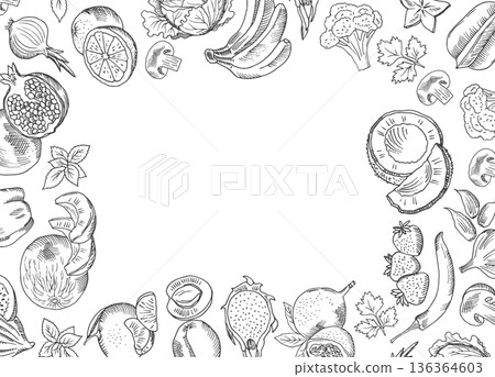 Fruit frame in sketch style. Hand drawn food banner Fruit frame in sketch style. Hand drawn food banner 136364603
