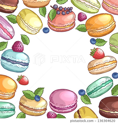 Sweet macarons background. Pastry frame color drawing 136364620